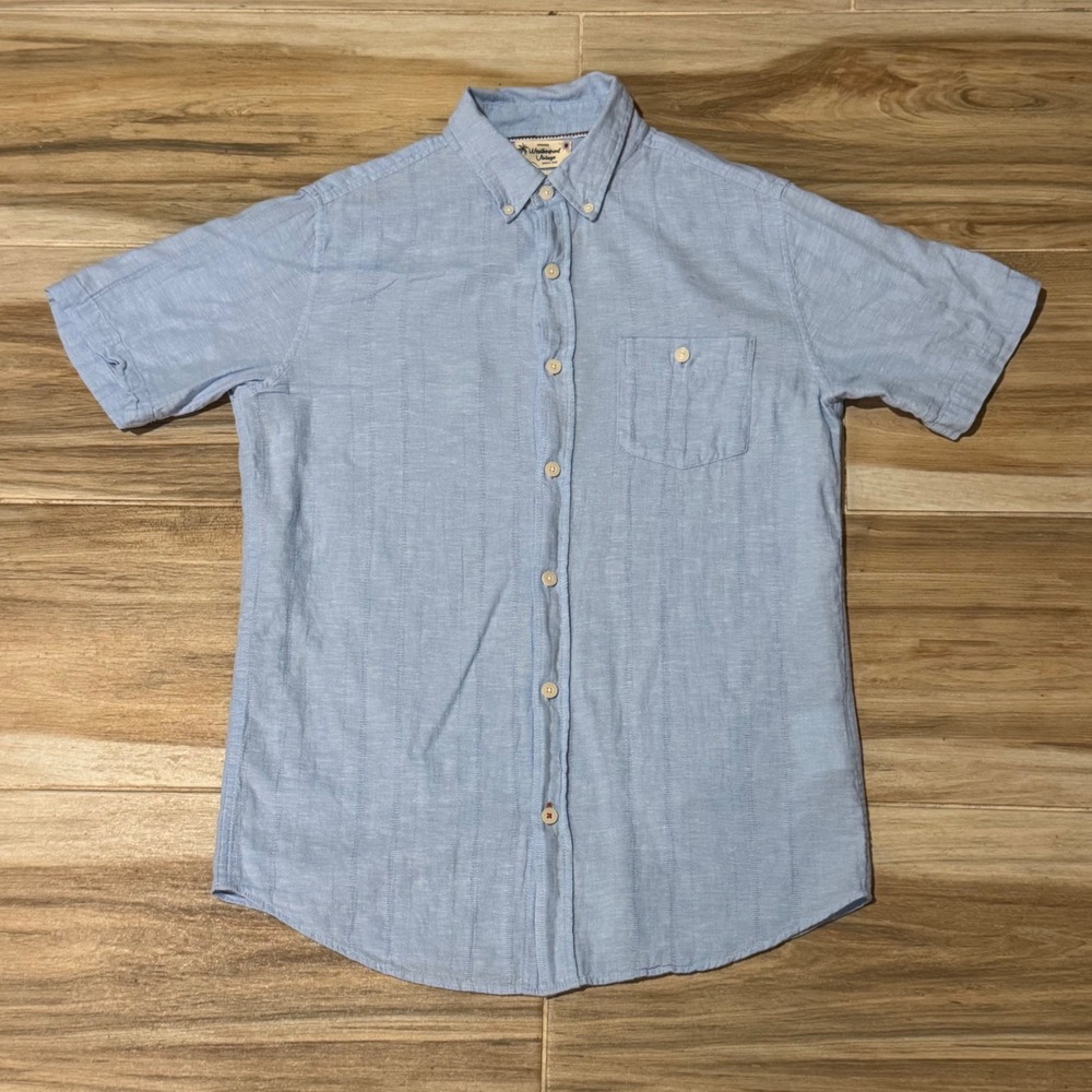 Weatherproof Vintage Mens Blue Linen Cotton Short Sleeve Button Down Shirt Small